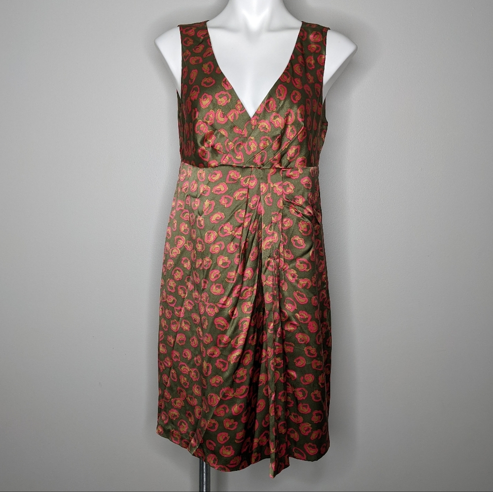 Cynthia Steffe green pink abstract v neck silk dress 12
